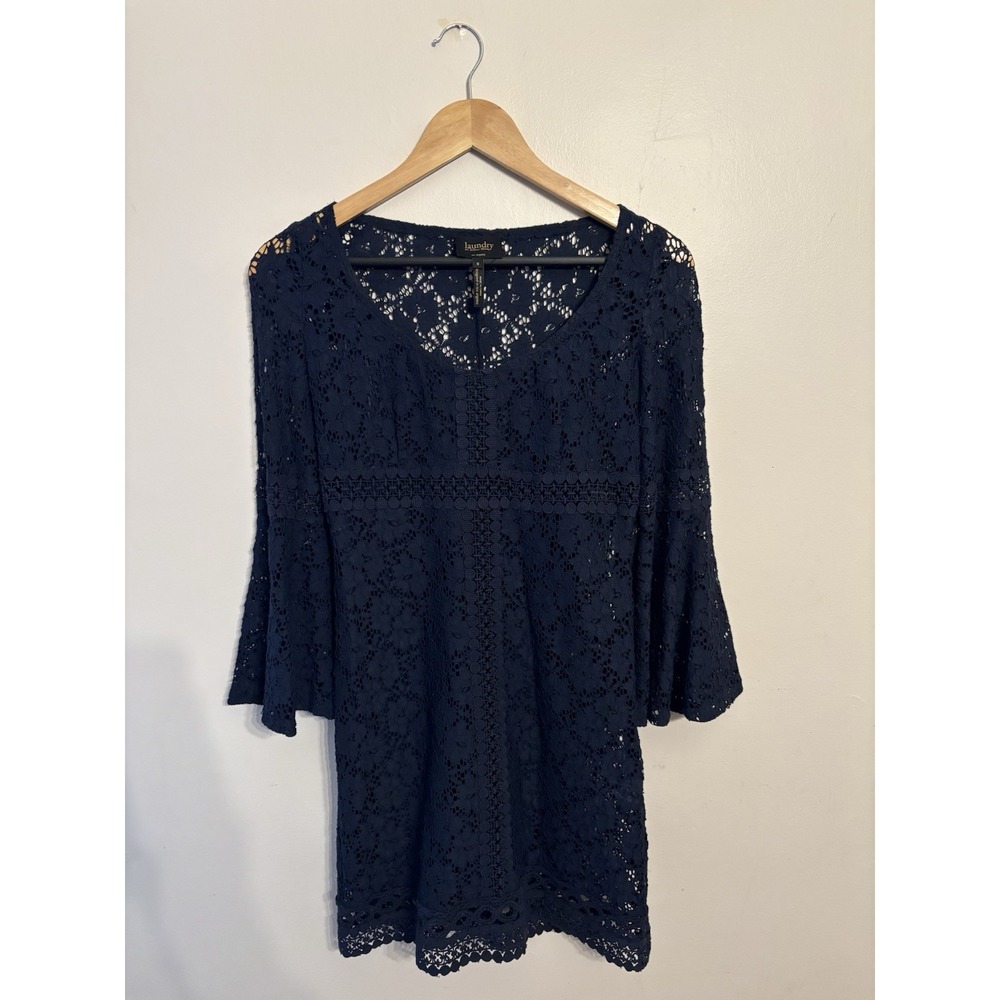 Laundry by Shelli Segal Navy Lace 3/4 Bell Sleeve Dress Slip Lined Size‎ 0